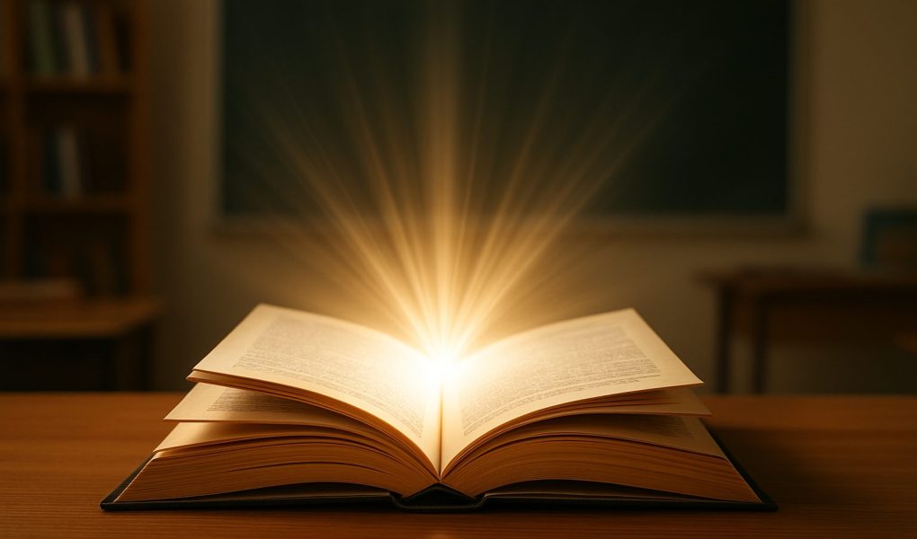 An open book with light emanating from its pages, placed on a wooden table in a classroom setting