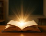 An open book with light emanating from its pages, placed on a wooden table in a classroom setting