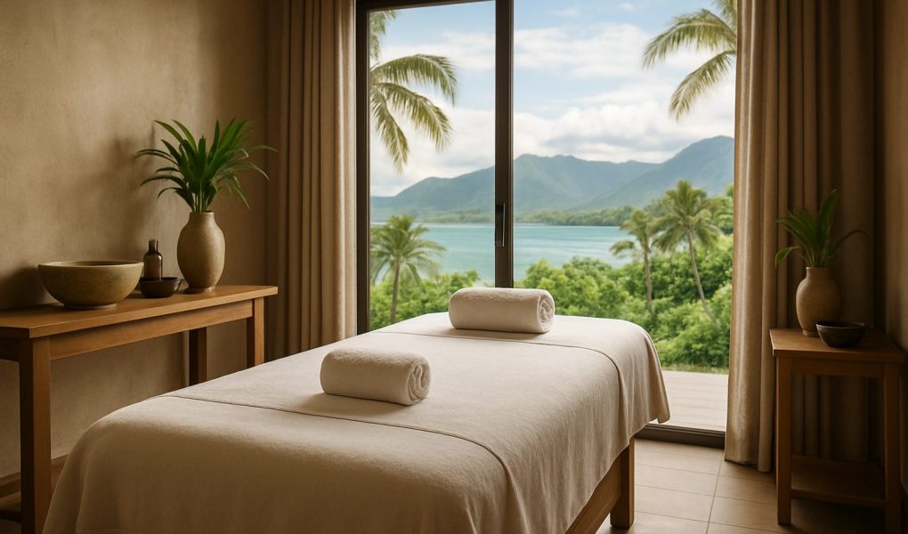 A serene massage room with a massage table, towels, and a view of mountains and palm trees.