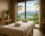 A serene massage room with a massage table, towels, and a view of mountains and palm trees.