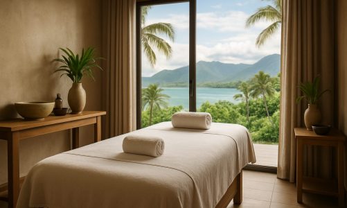 A serene massage room with a massage table, towels, and a view of mountains and palm trees.